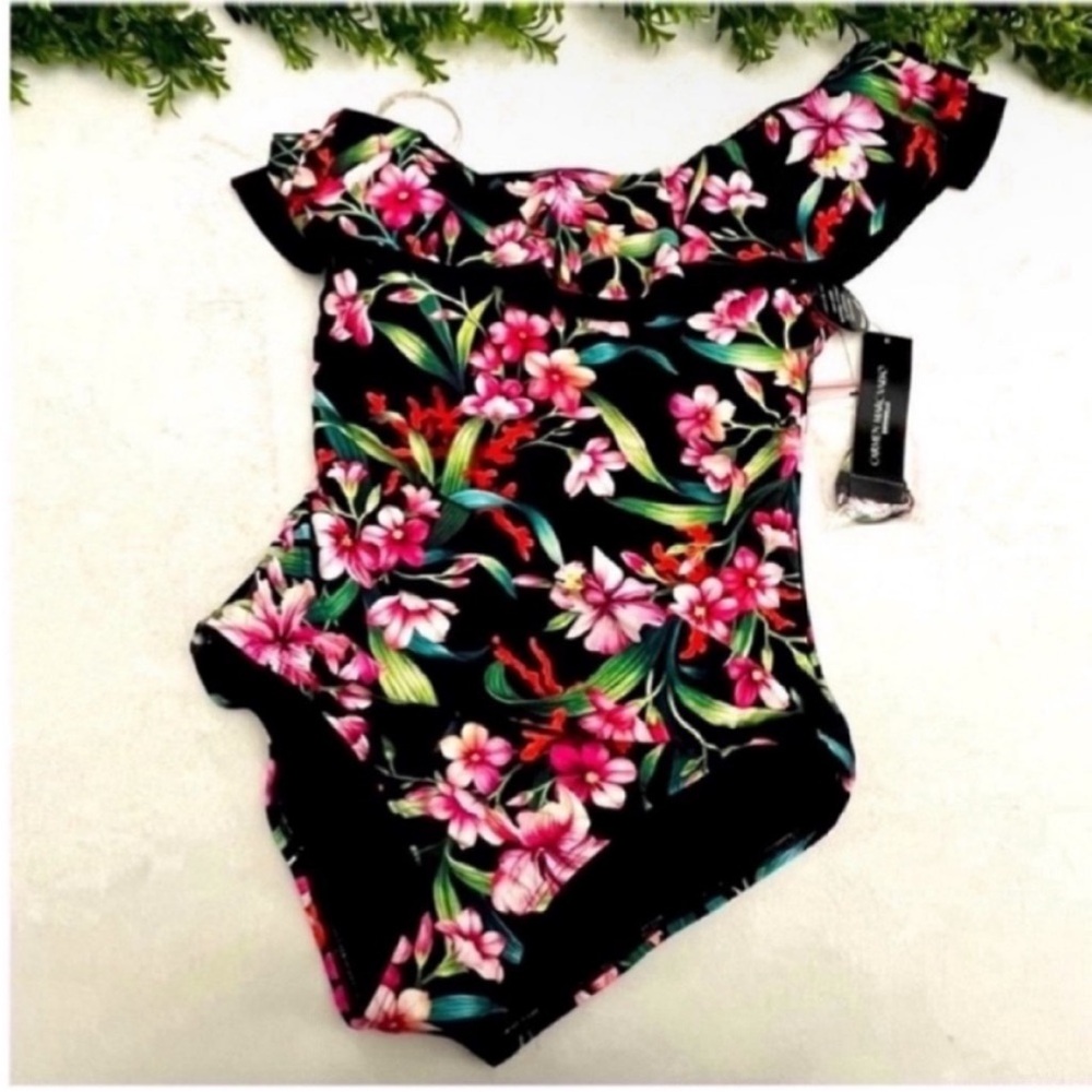 Carmen Marc Valvo One-Shoulder Ruffle Swimsuit - Black Pink & Green Floral Sz 12